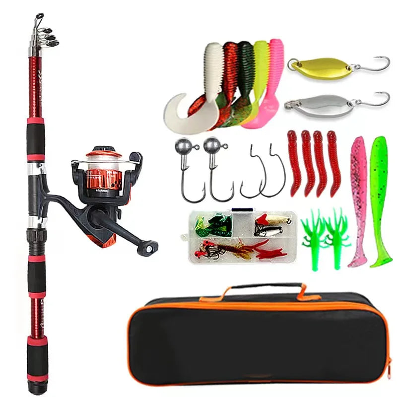 Spinning Reel Fishing Rod Telescopic Full Combo Kit with Baits Hooks Travel
