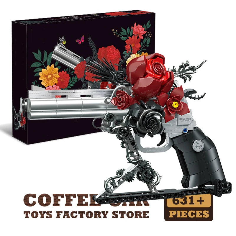 631pcs Mecha Rose Revolver Building Blocks Red Flower MOC Brick Model Toy Set