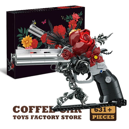 631pcs Mecha Rose Revolver Building Blocks Red Flower MOC Brick Model Toy Set