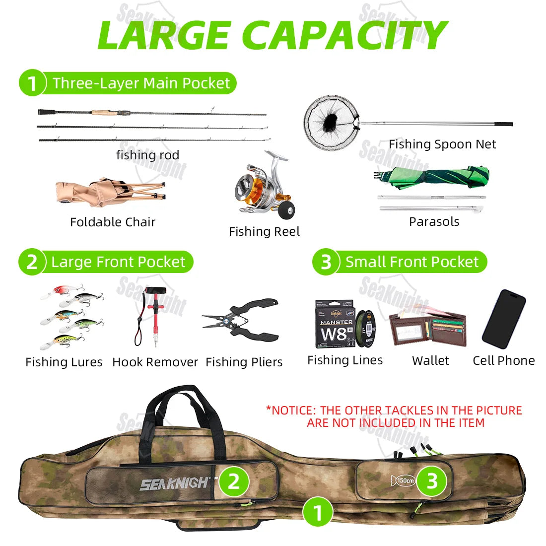 Fishing Rod Bag Portable 3-Layer Foldable Storage Case for Reel Tackle Gear