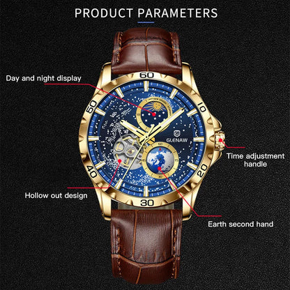 GLENAW Rotating Earth Double Second Hand WristWatch Men Automatic Mechanical Watch Starry Sky Stainless Steel Leather Watchband-EXPROTAS