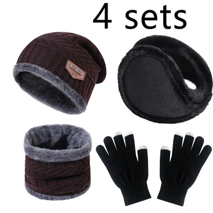 Men Women Beanie Winter Hat Scarf Gloves Thick Warm Knit Cap Set