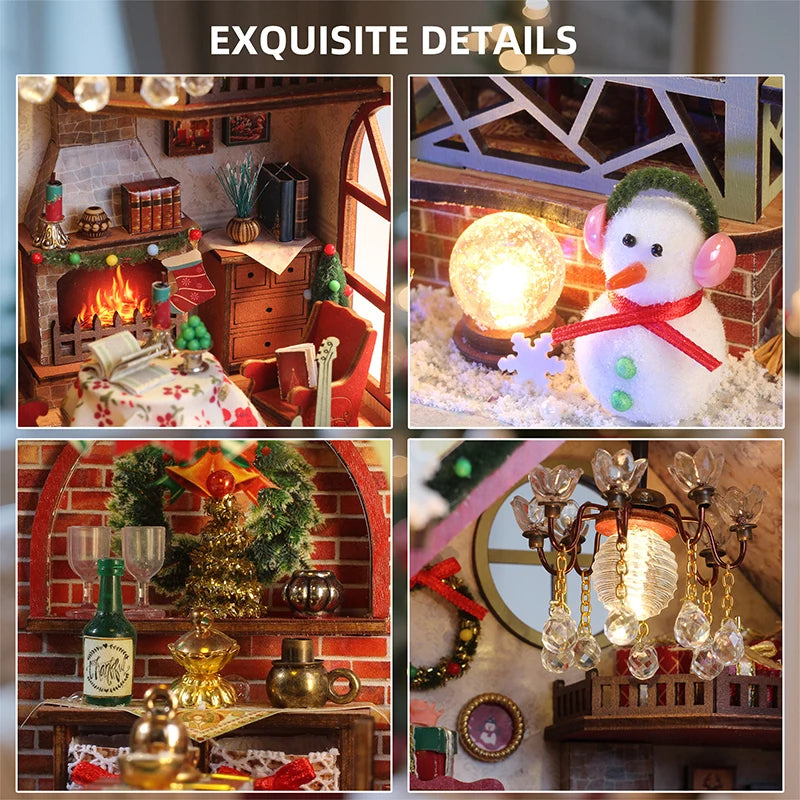 DIY Wooden Dollhouse Christmas Lodge Miniatures with LED Lights Assembly Model Gift - EXPROTAS