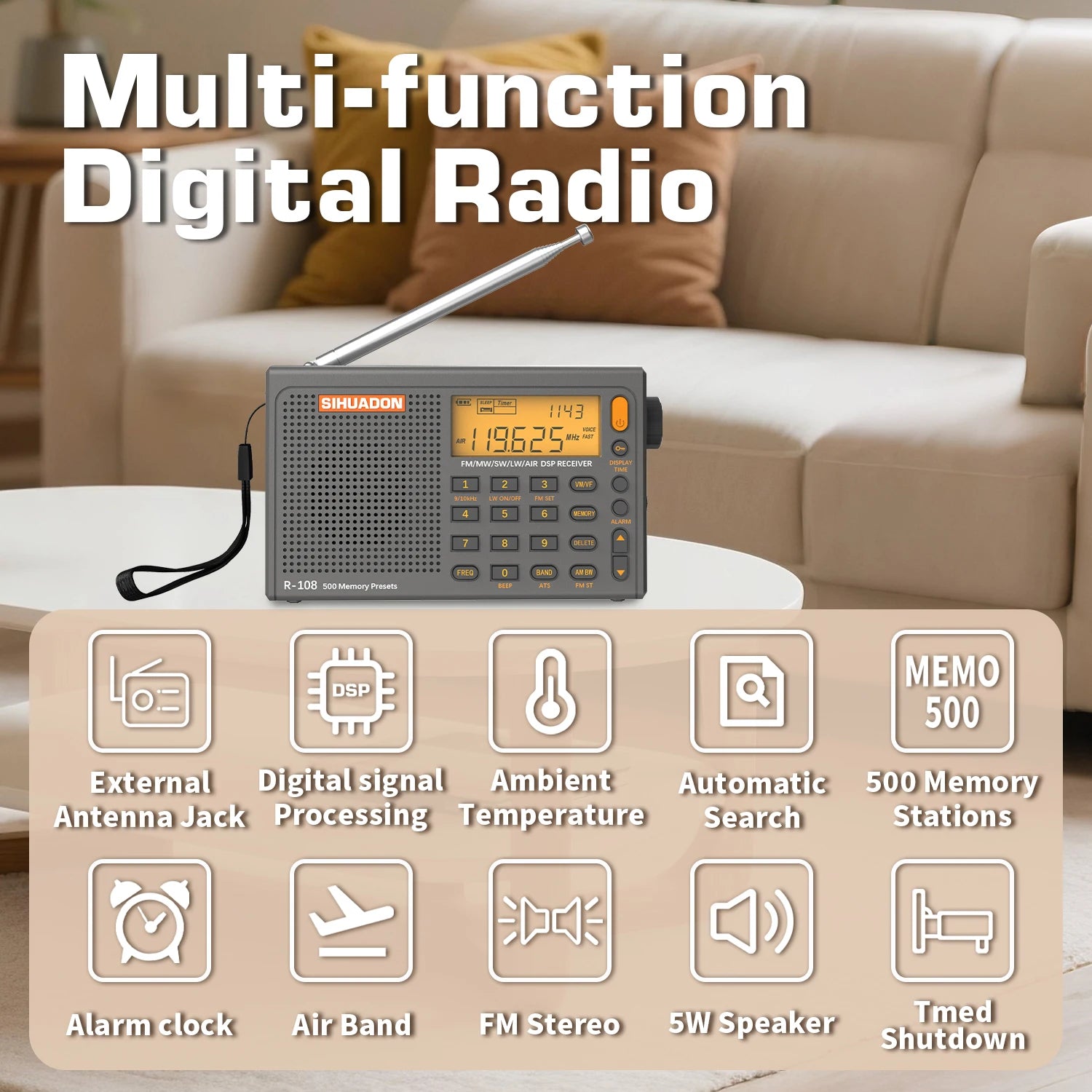 SIHUADON R108 DSP Portable Radio AM FM SW Airband LCD Type-C Receiver 500 Presets - EXPROTAS