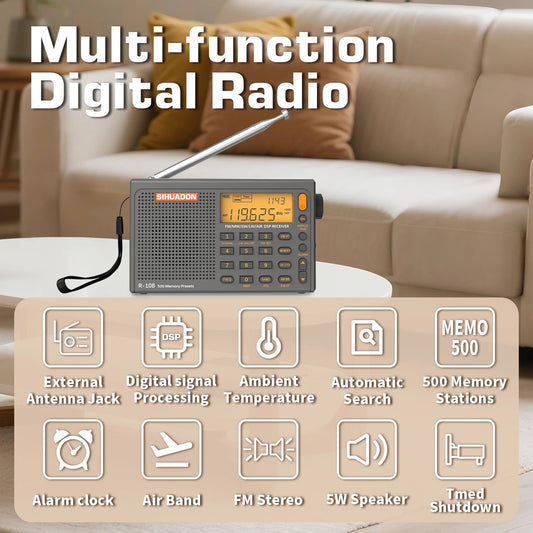SIHUADON R108 DSP Portable Radio AM FM SW Airband LCD Type-C Receiver 500 Presets - EXPROTAS