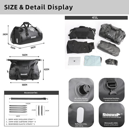 Rhinowalk Waterproof Motorcycle Tail Bag 45L PVC Saddle Dry Luggage Outdoor Back Sear Pack Motorbike Pannier Shoulder Bag Travel