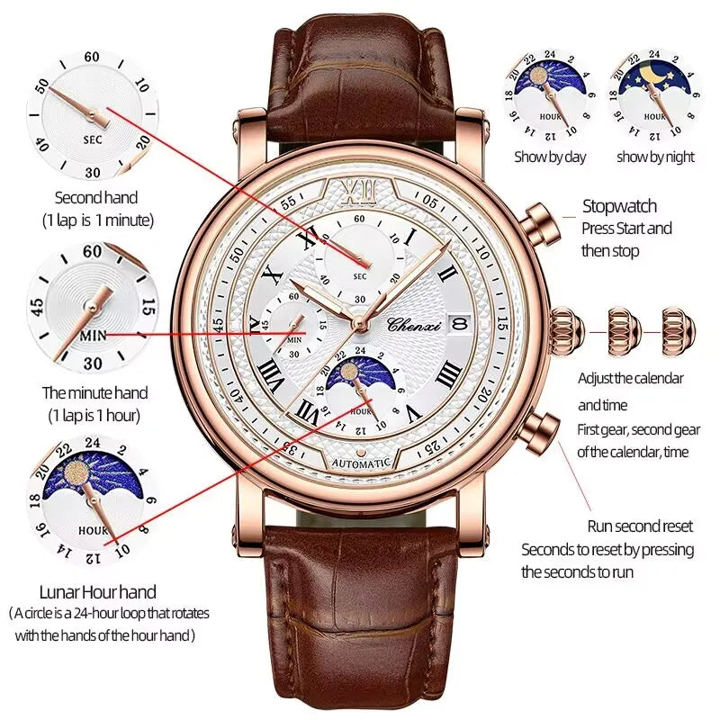Chenxi 976 Leather Chronograph Date Men's Phase Of The Moon Timing Business Luminous Quartz Watch Relojes para hombres-EXPROTAS
