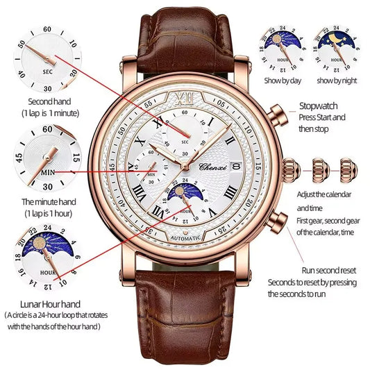 Chenxi 976 Leather Chronograph Date Men's Phase Of The Moon Timing Business Luminous Quartz Watch Relojes para hombres-EXPROTAS