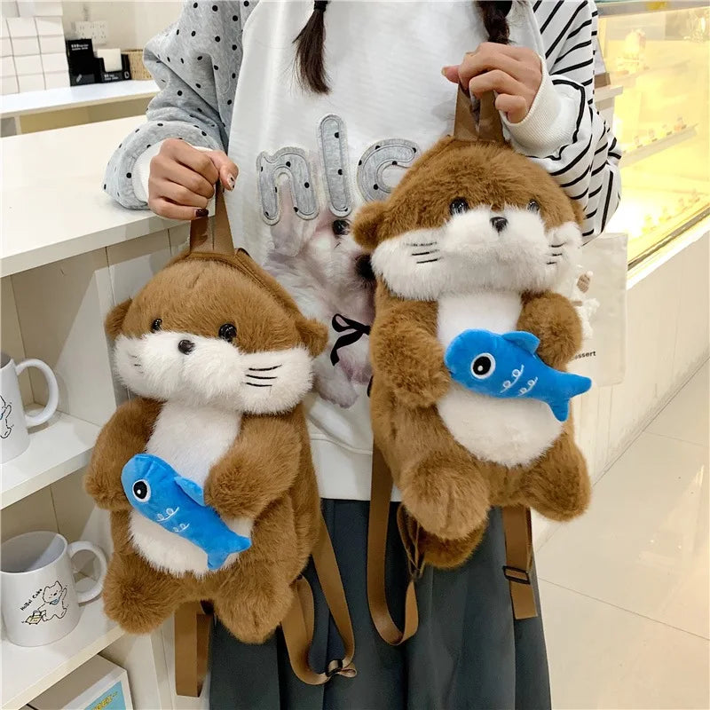 Adorable Otter Holding Fish Plush Backpack for Children Cute Gift