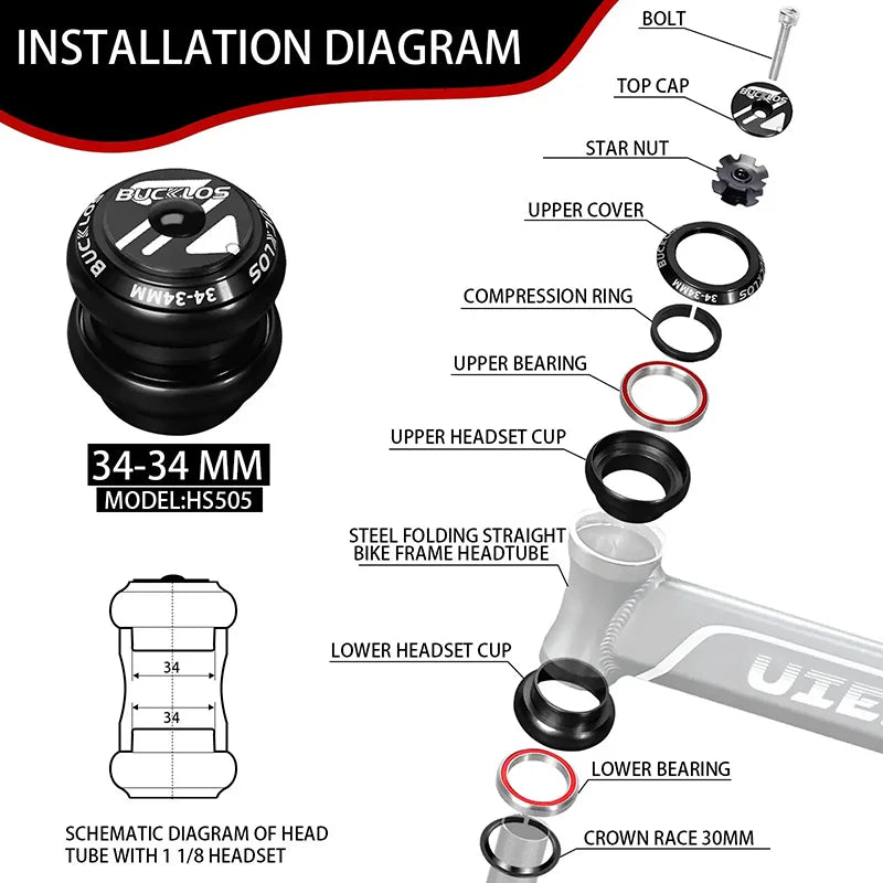 Bike Headset 1-1/8" Sealed Bearing 34/44/50.6/52/55/56mm MTB Fork