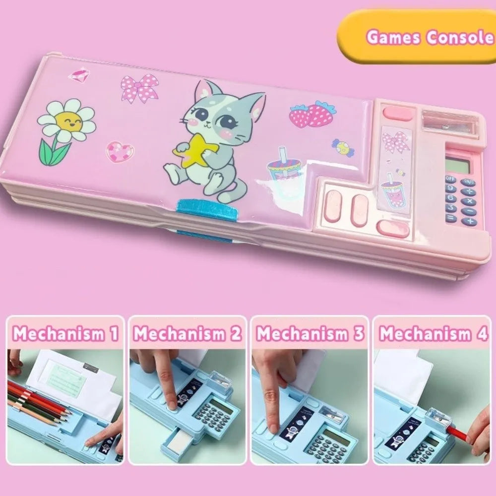 Double Layer Pencil Case with Calculator Sharpener Storage Box for School