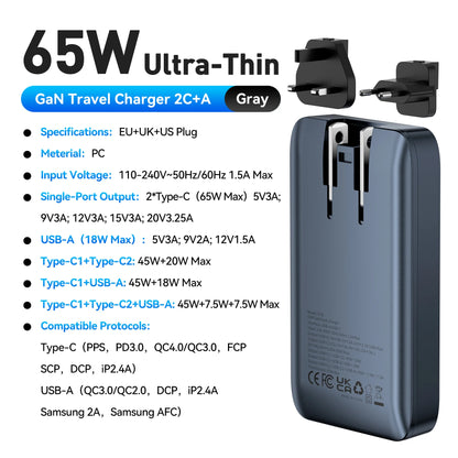 Vention 65W GaN Travel Charger QC4.0 PD3.0 Fast Charge EU UK US For iPhone Laptop