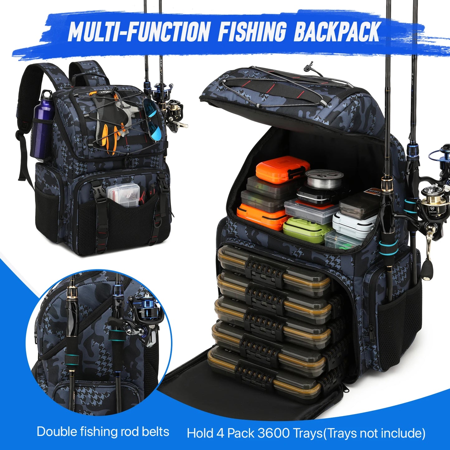 Fishing Tackle Bag 45L Backpack with Cooler & Rod Holders Waterproof Gear