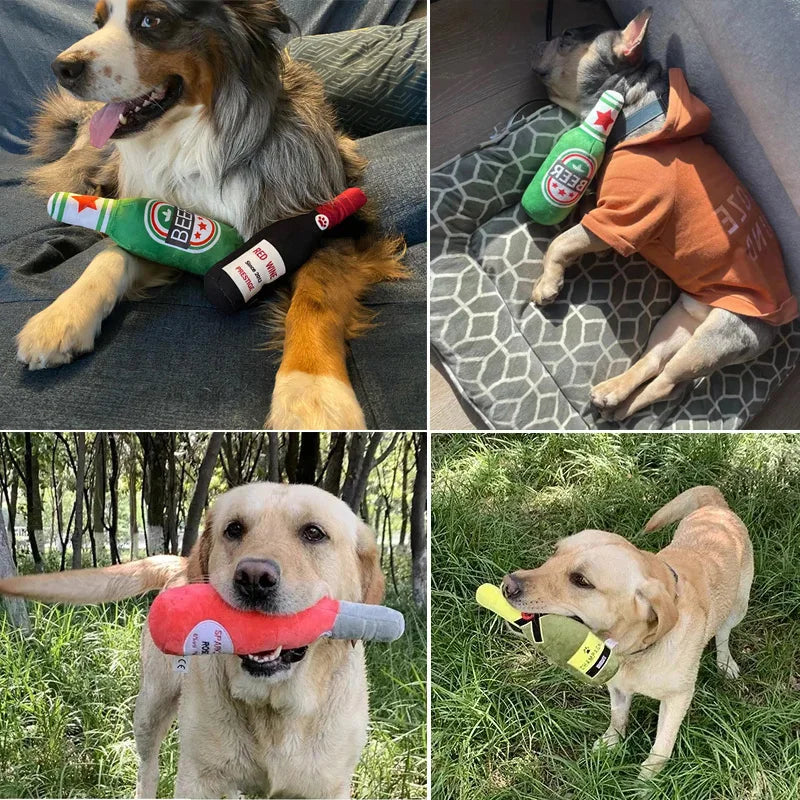 Funny Beer Bottle Plush Dog Toy Squeaky Chew Toy for Small & Large Dogs