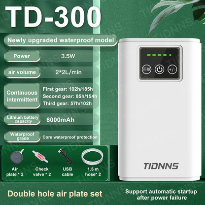 Oxygen Pump USB Rechargeable Portable Air Pump for Fish Tank Aquarium 6000mAh