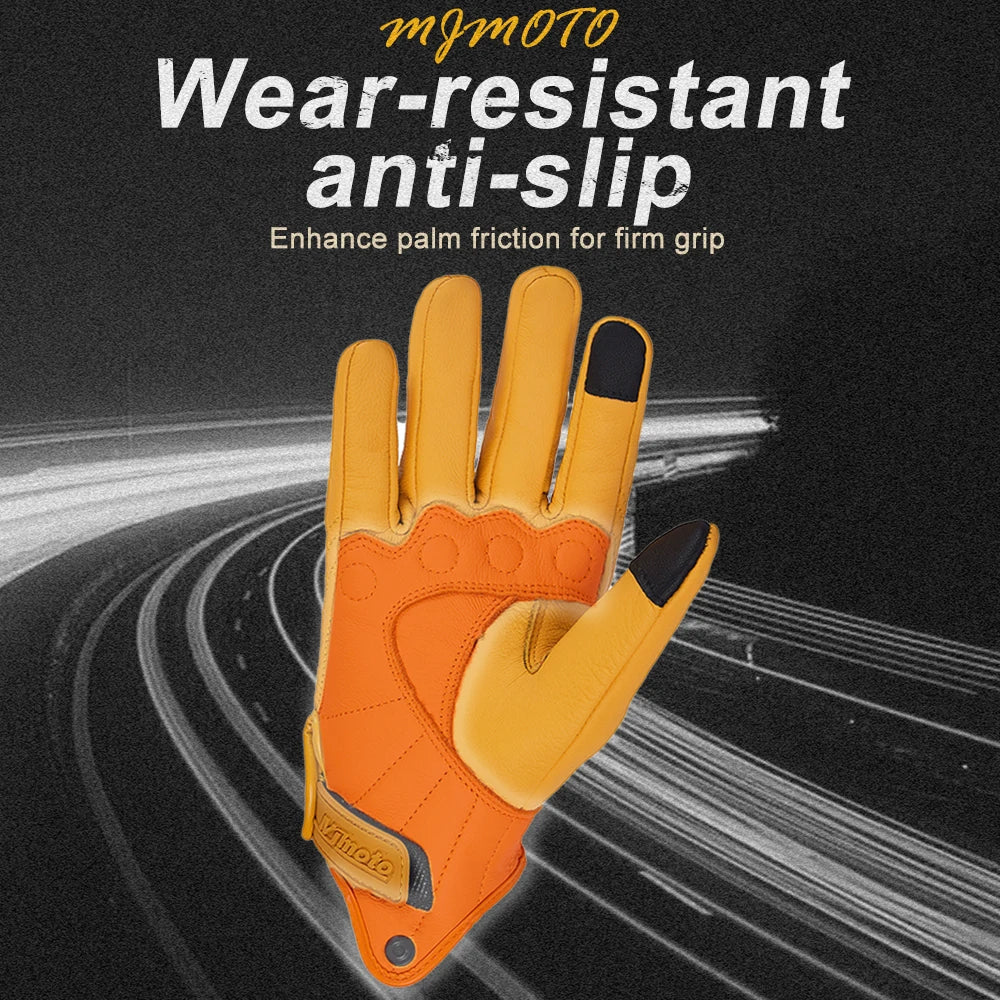Retro Yellow Leather Motorcycle Gloves Men Women Breathable Perforated Motorbike Racing Gloves Touch Screen Motocross Moto Glove-EXPROTAS