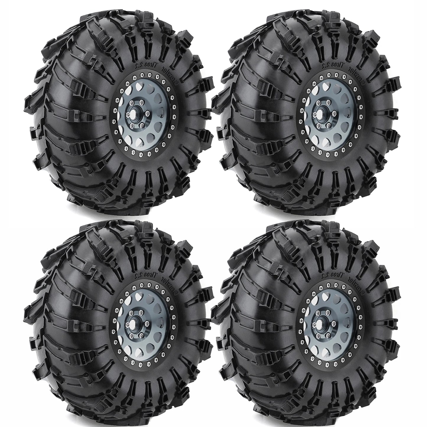 4pcs 2.2 Beadlock Wheels & Rubber Tires Set for 1/10 RC Crawler TRX4 SCX10 D90