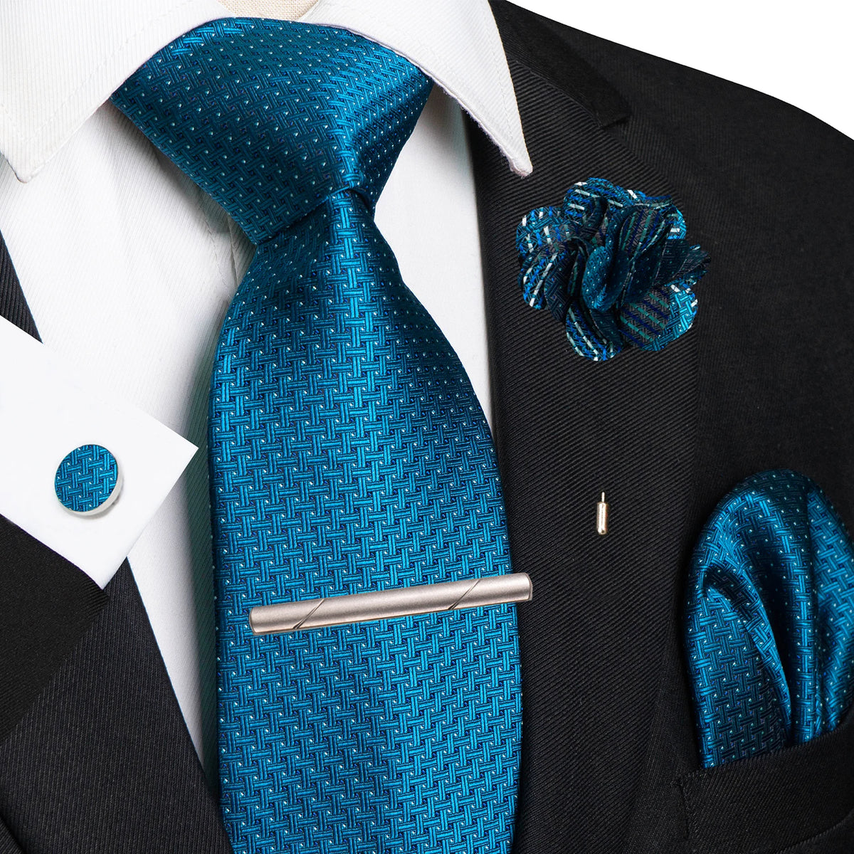 Men's Plaid Tie Clip Set with Pocket Square Cufflinks Wedding Accessories
