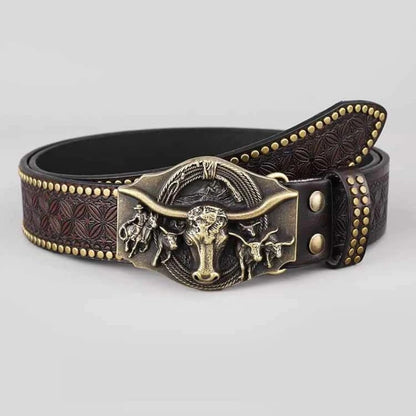Buckle Cowboy Belt Western Bull Head Vintage Leather for Men Women
