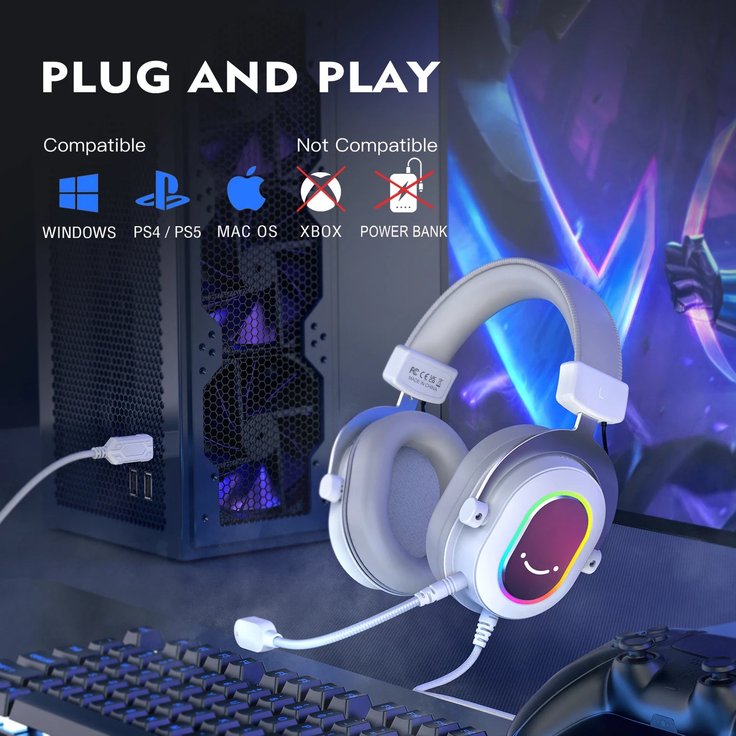 FIFINE Ampligame H6W RGB Gaming Headset 7.1 Surround 3-EQ Mic Inline Control for PC PS4 PS5