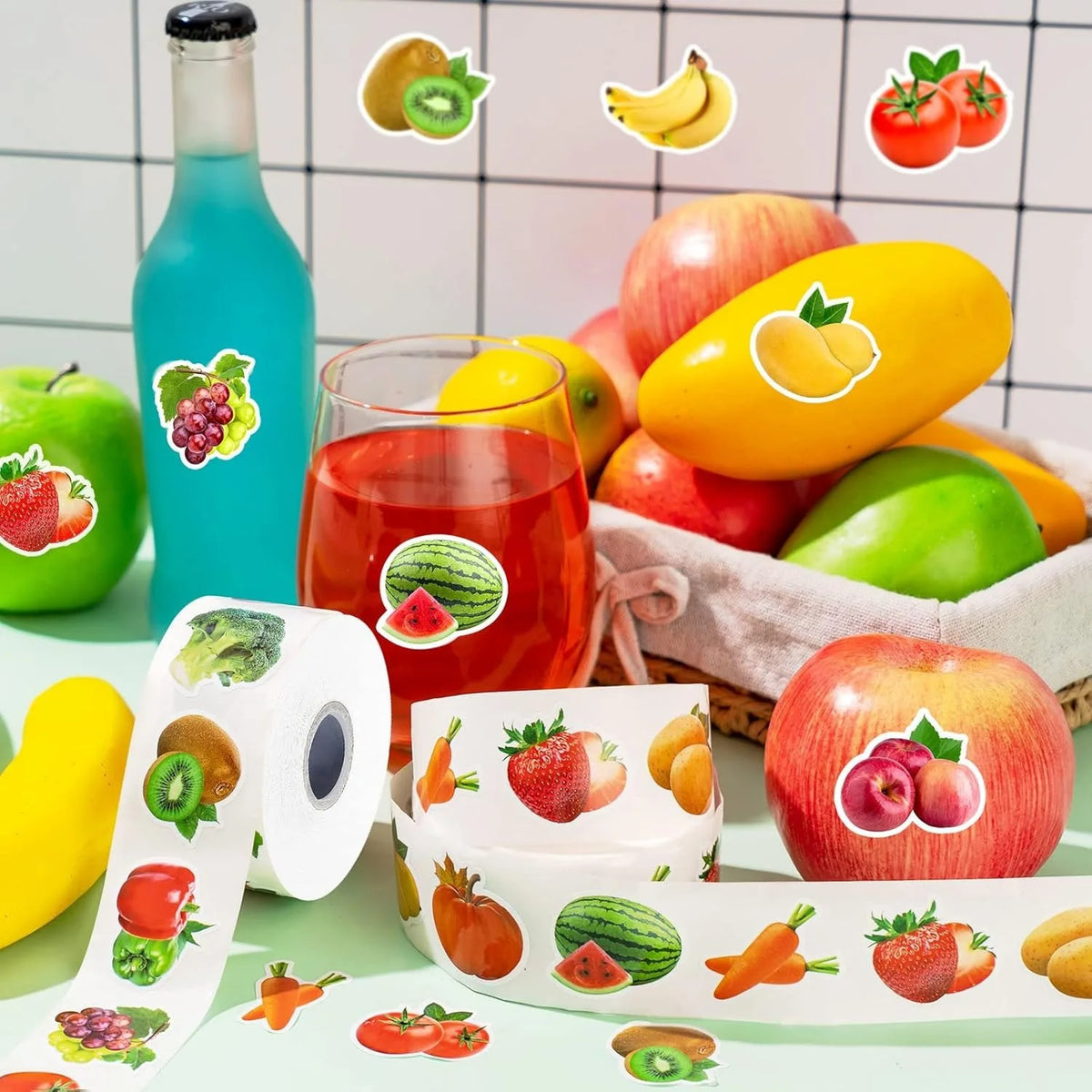 500Pcs Colorful Fruits Vegetables Stickers for Party Baking Scrapbooking