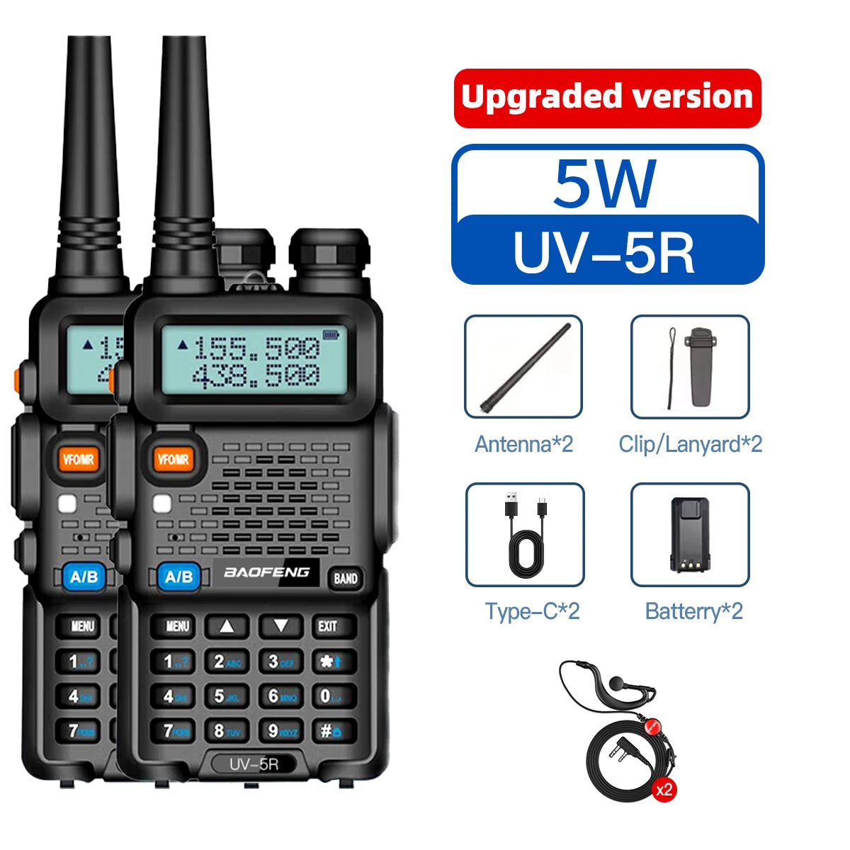 2PCS Baofeng Walkie Talkie UV-5R Dual Band Long Range 2200mAh Radio