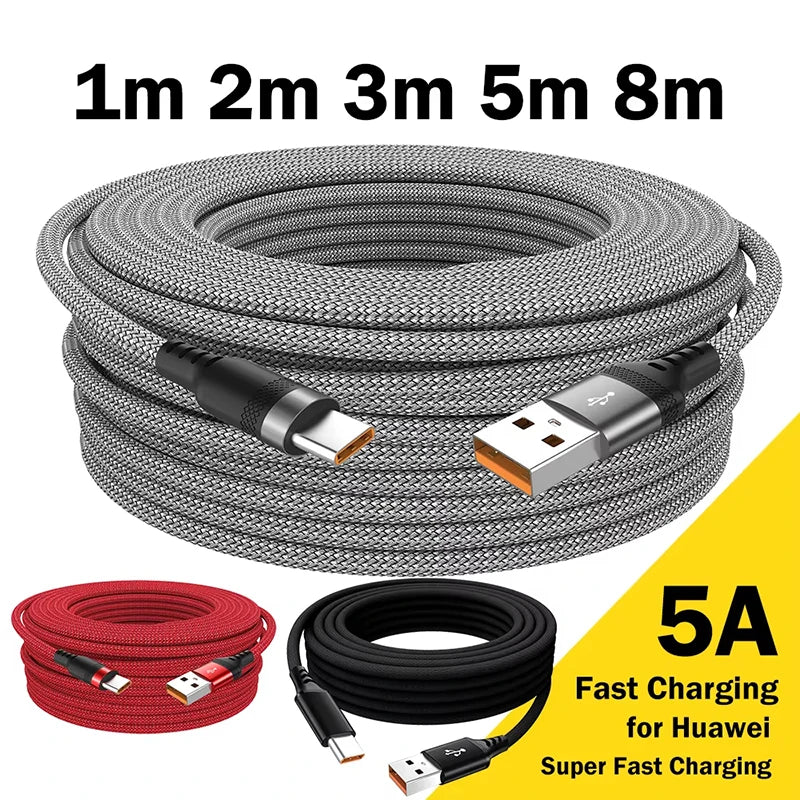USB Type C Cable 5A Super Fast Charge Cable For Huawei 1m 3m 5m 8 Meter USB C Extension Cable for Samsung Xiaomi OPPO Universal