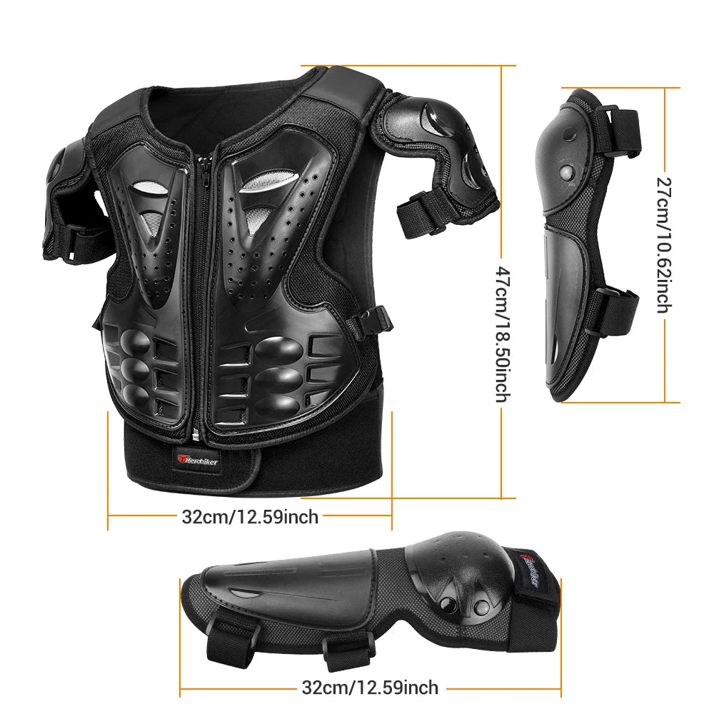 Kid's Motorcycle Armor Vest Protection Jacket Moto Full Armor for Children Eye Catching Short Length Motocross Body Armor Riding Kneepads