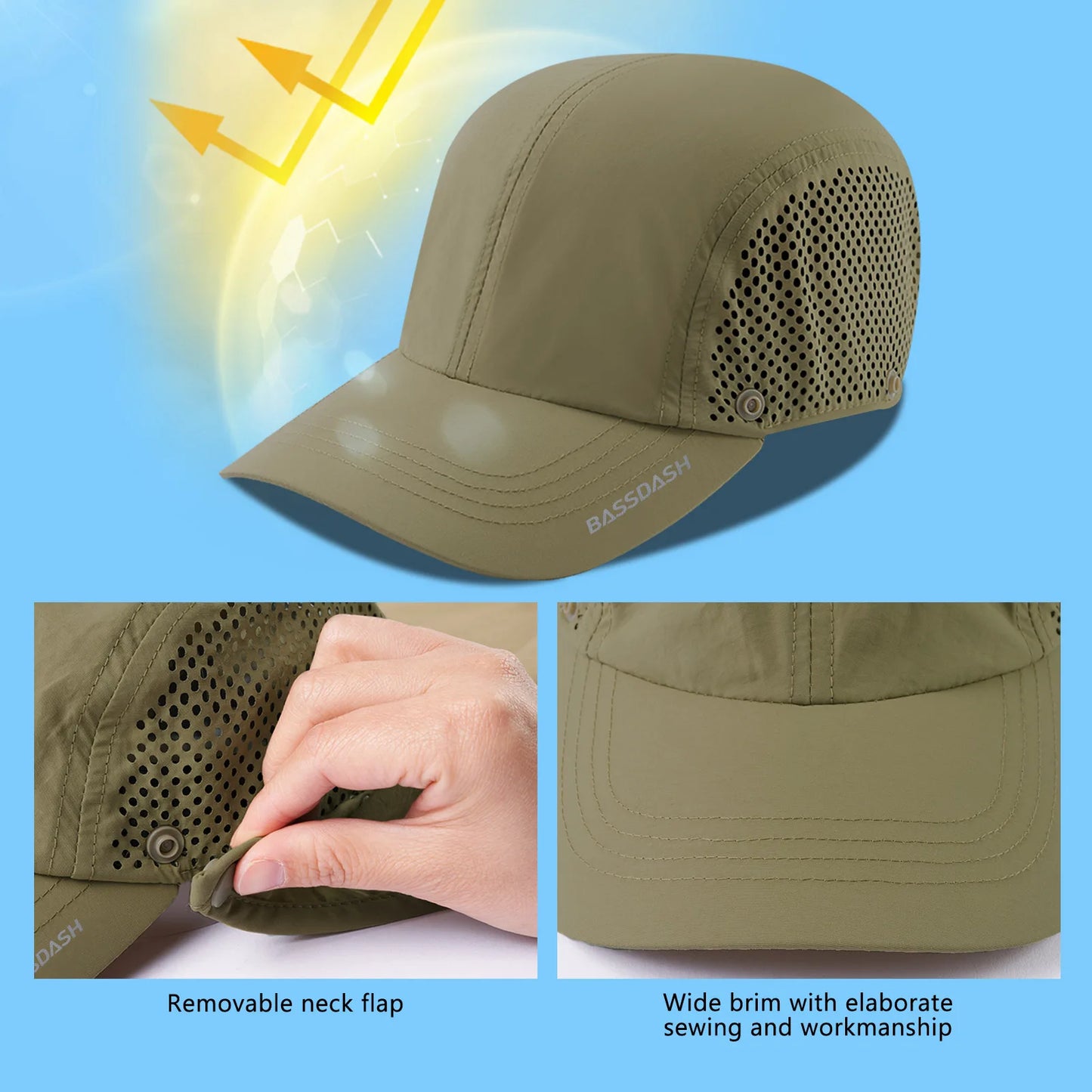 BASSDASH UPF 50+ Fishing Hat Foldable Cap with Removable Neck Flap
