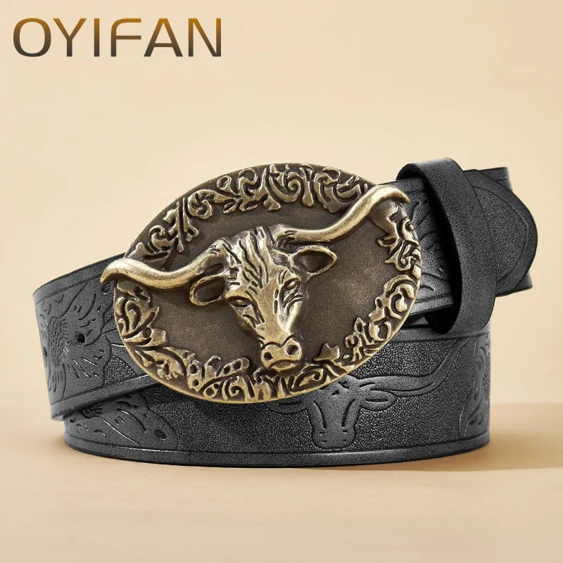 Cowboy Leather Belt Western Longhorn Bull Floral Engraved Buckle for Men
