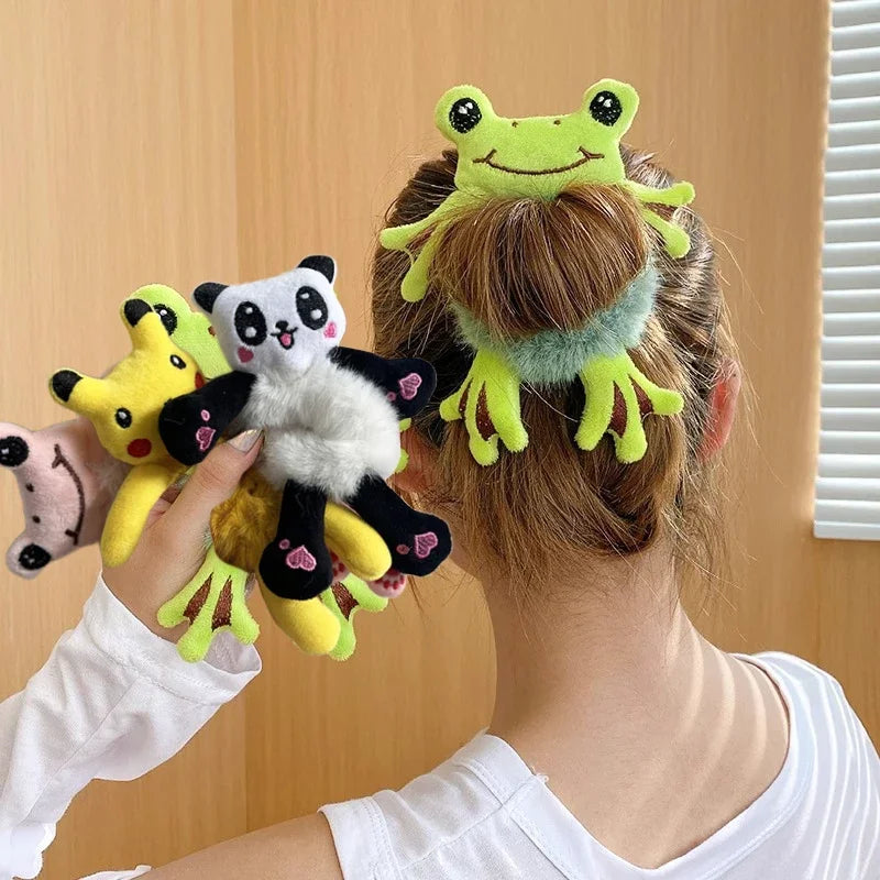 1pcs Hair Band Plush Frog Scrunchie Cute Green Girl Ponytail Hair Accessories