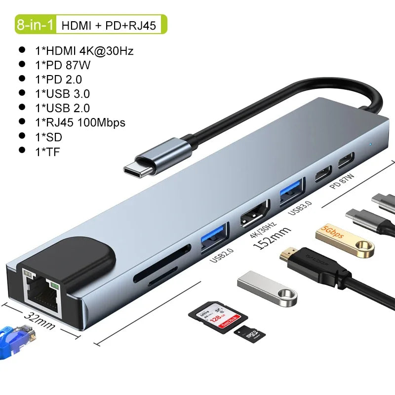 4K HDMI Adapter USB C Hub 8In1 with RJ45 SD TF Card Reader PD Charge