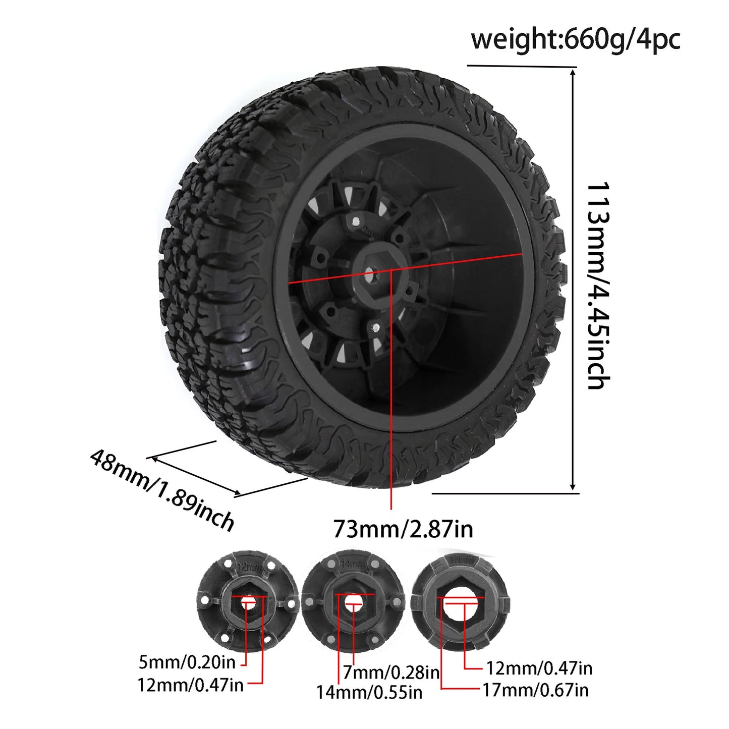 4Pcs 113mm RC Course Truck Tires Wheels 12mm Hex for Traxxas Slash