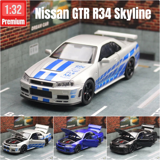 1/32 Nissan Skyline GTR R34 Diecast Model Car Sound Light JDM Toy Kids