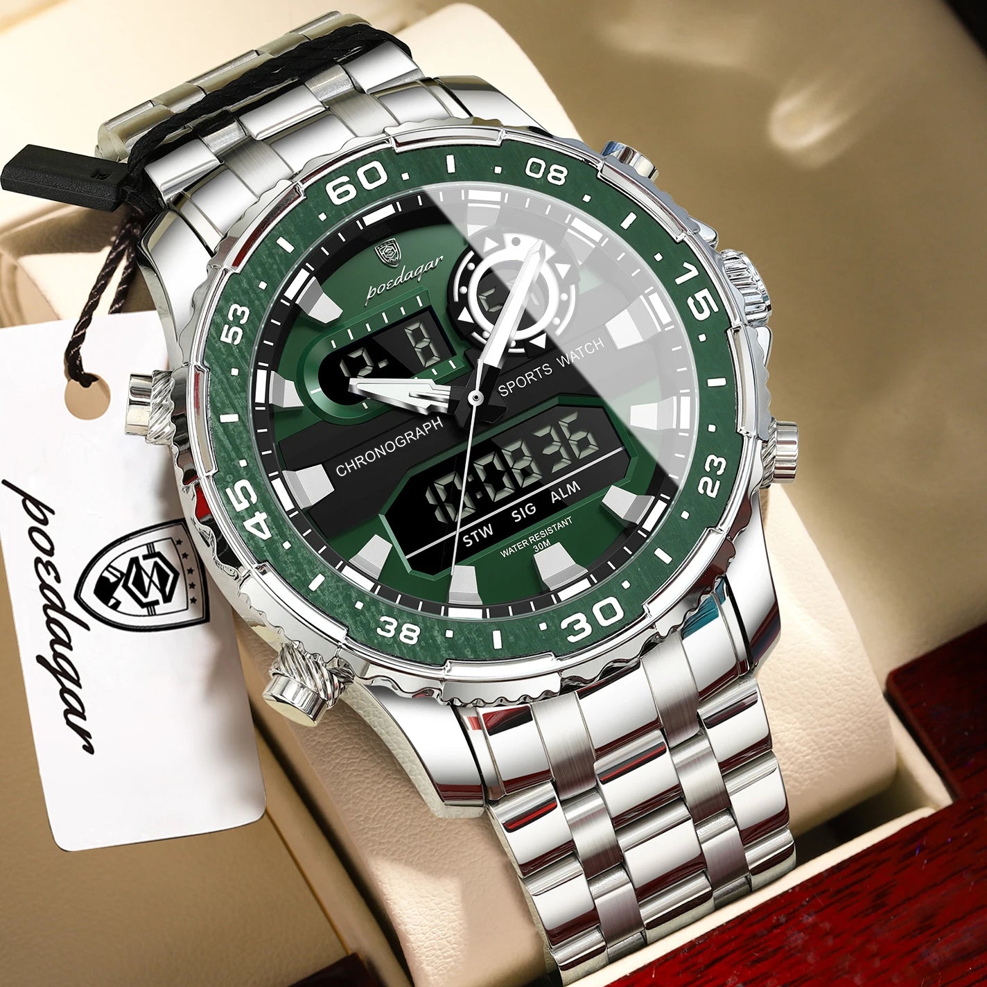 Stainless Steel Poedagar Men’s Waterproof Quartz Luminous Wristwatch Date