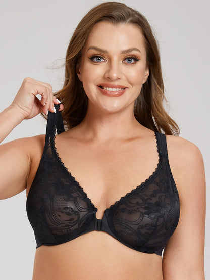 Women’s Front Closure Underwire Bra Unlined Full Coverage Lace