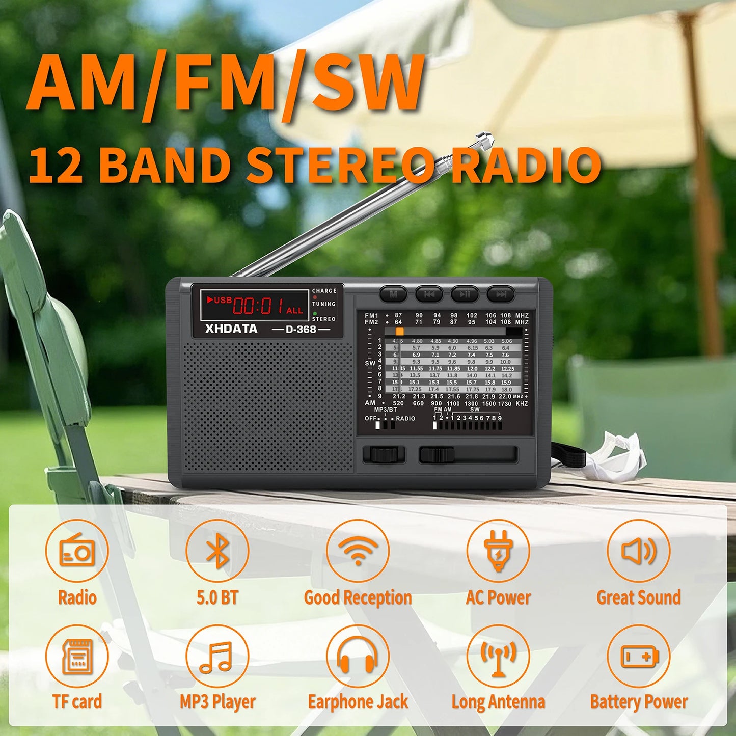 XHDATA D-368 Portable Stereo Radio FM AM SW Bluetooth MP3 Player TF USB Rechargeable - EXPROTAS