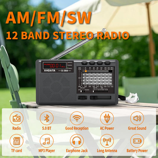 XHDATA D-368 Portable Stereo Radio FM AM SW Bluetooth MP3 Player TF USB Rechargeable - EXPROTAS