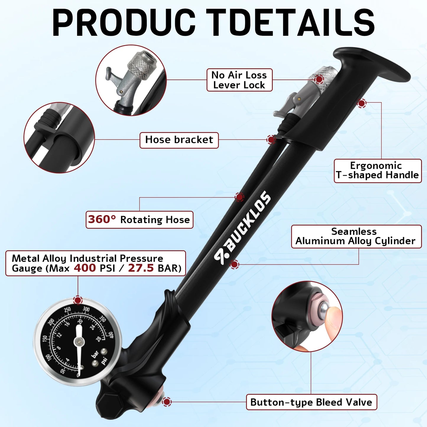 MTB Shock Pump BUCKLOS 400PSI Air Fork Suspension Pump