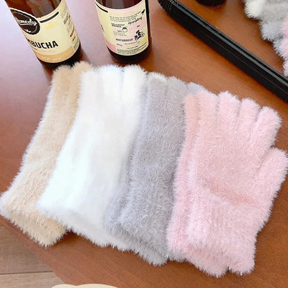 Warm Women Mink Velvet Finger Gloves Plush Five Finger Mittens Winter