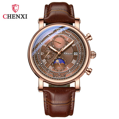 Chenxi 976 Leather Chronograph Date Men's Phase Of The Moon Timing Business Luminous Quartz Watch Relojes para hombres-EXPROTAS