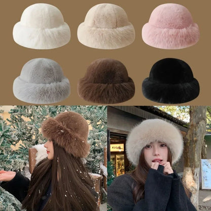 Fluffy Fur Bucket Hat Women Winter Warm Plush Fisherman Cap Thick
