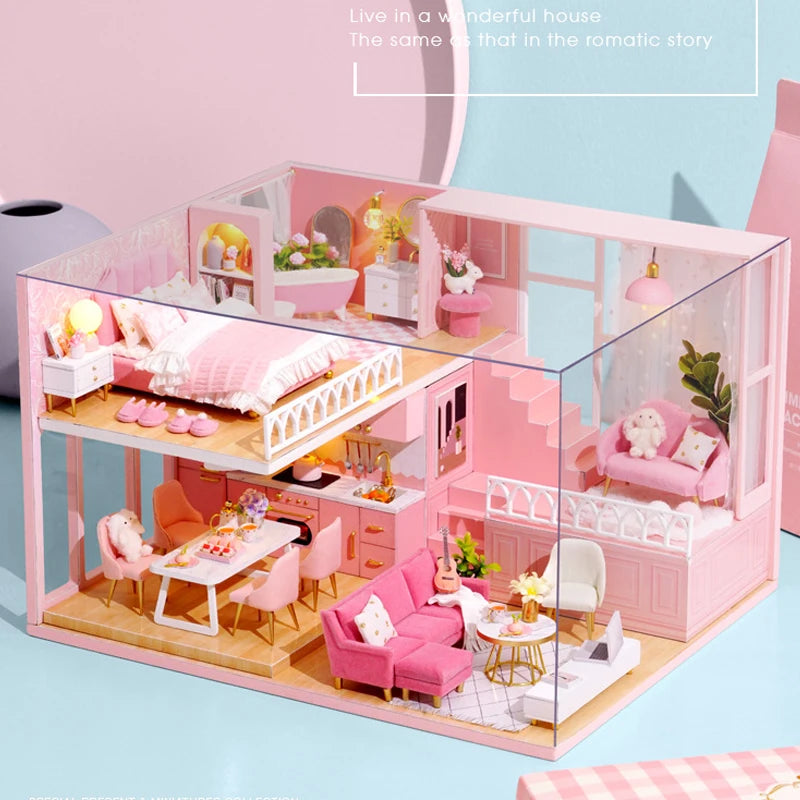 Wooden Miniature Duplex Dollhouse DIY 3D Puzzle Kit with Furniture LED Decoration Gift - EXPROTAS