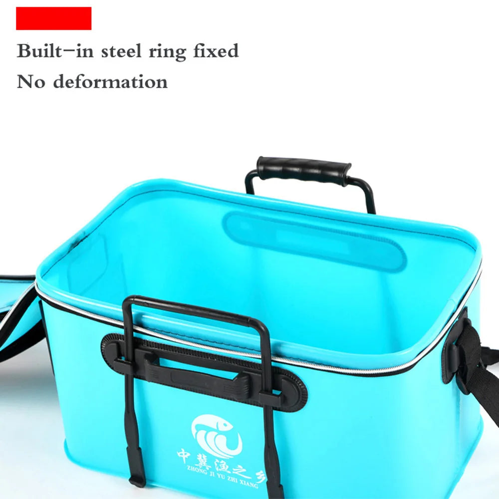 EVA Collapsible Live Fish Bucket Net Lid Side Pockets Fishing Water Tank