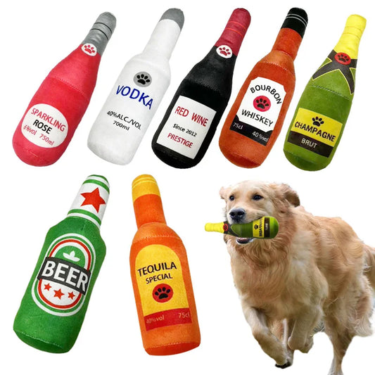Funny Beer Bottle Plush Dog Toy Squeaky Chew Toy for Small & Large Dogs