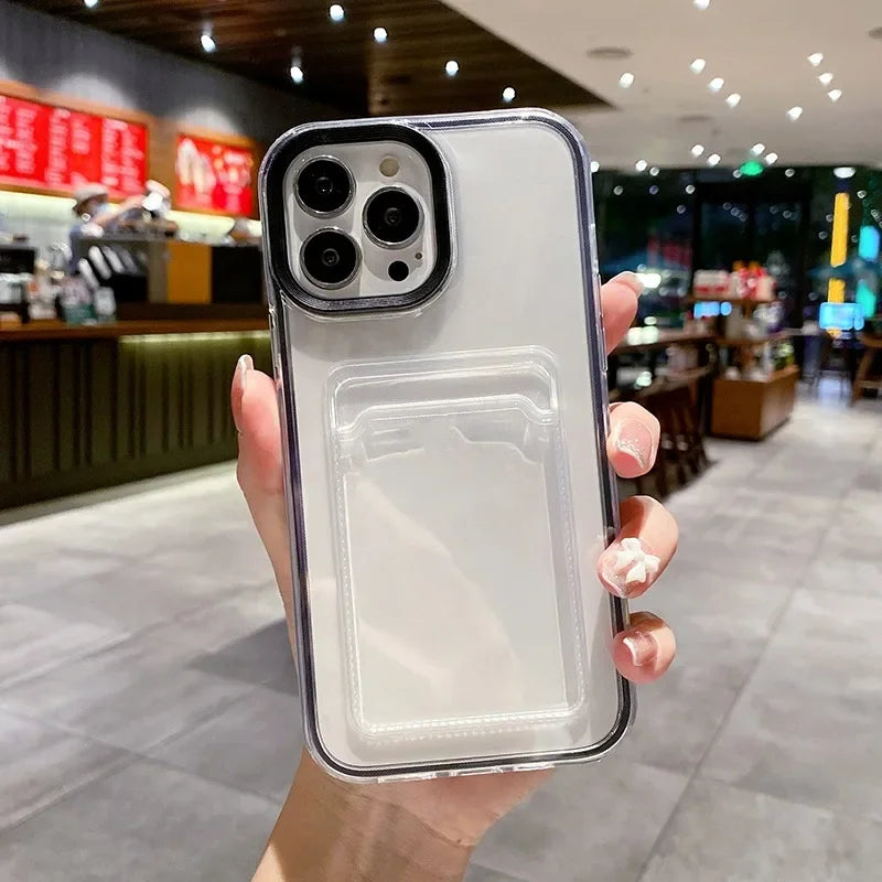 Transparent Card Holder Shockproof Soft Case for iPhone 12-16 Pro Max