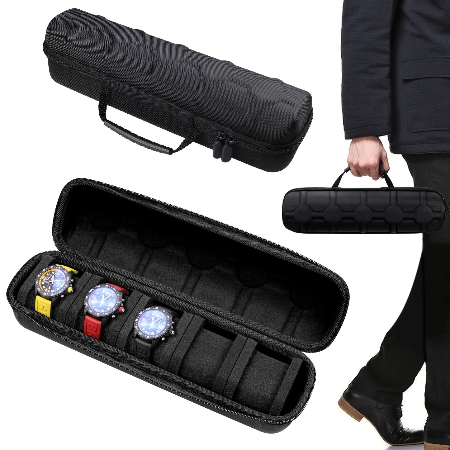 1pc Shell Travel Organizer Watch Case Hard Box with Pillow Insert Black