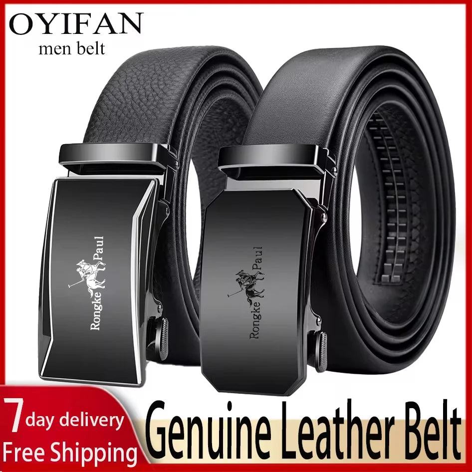OYIFAN Leather Belt Men Automatic Buckle Ratchet Sliding Dress Black Belts