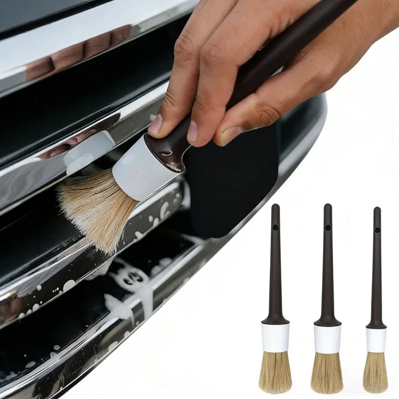 3PCS Interior Detail Brush Set Boar Hair Bristle Car Cleaning Brushes