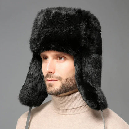 Winter Russian Man Woman Wholeskin Faux Rex Rabbit Fur Hats Luxury Faux Sheep Skin Leather Cap Fur Bomber Hat Ushanka Hats-EXPROTAS